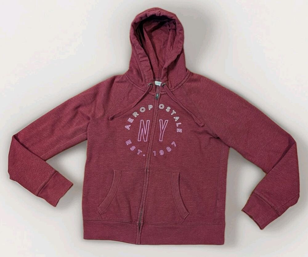 Aeropostale Womens Medium Full Zip Hoodie Burgundy Logo Spellout Sweatshirt